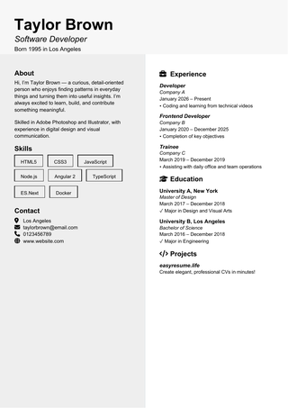Black White Editorial resume template preview