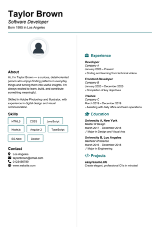 Minimal Teal Portrait resume template preview