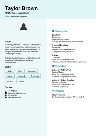 Soft Cyan Portrait resume template preview